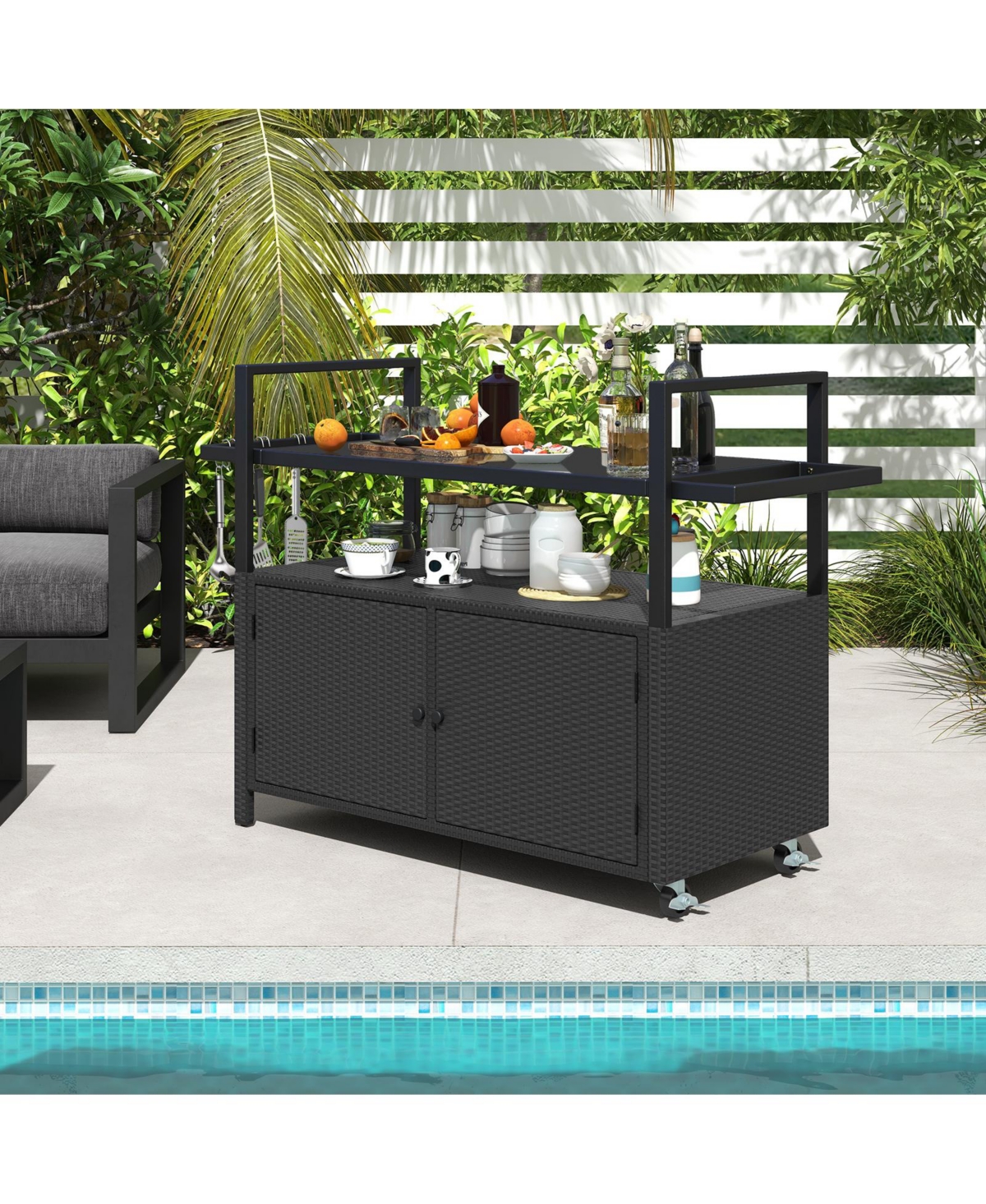 Sugift Outdoor Bar Cart Wicker Buffet Serving Cart with Cabinet and 8 Hooks.