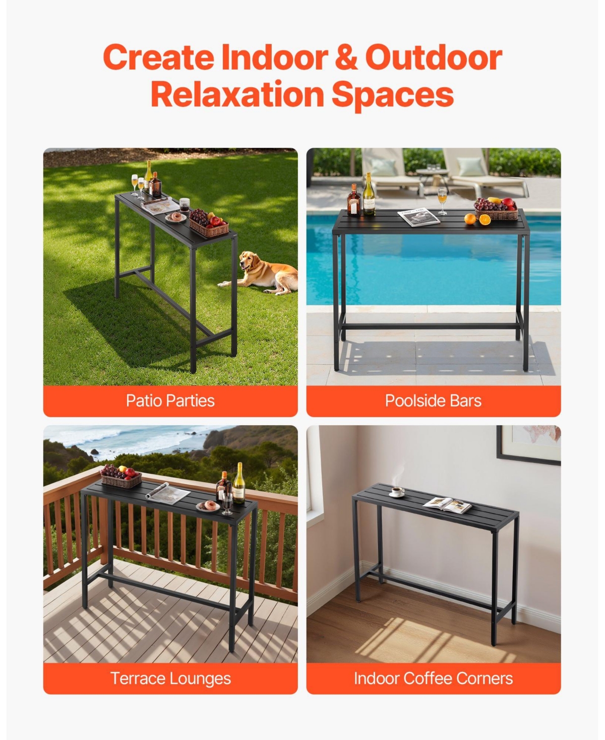 Patio Dining Bar Table 47 x 15" with Waterproof Surface for Outdoor Use