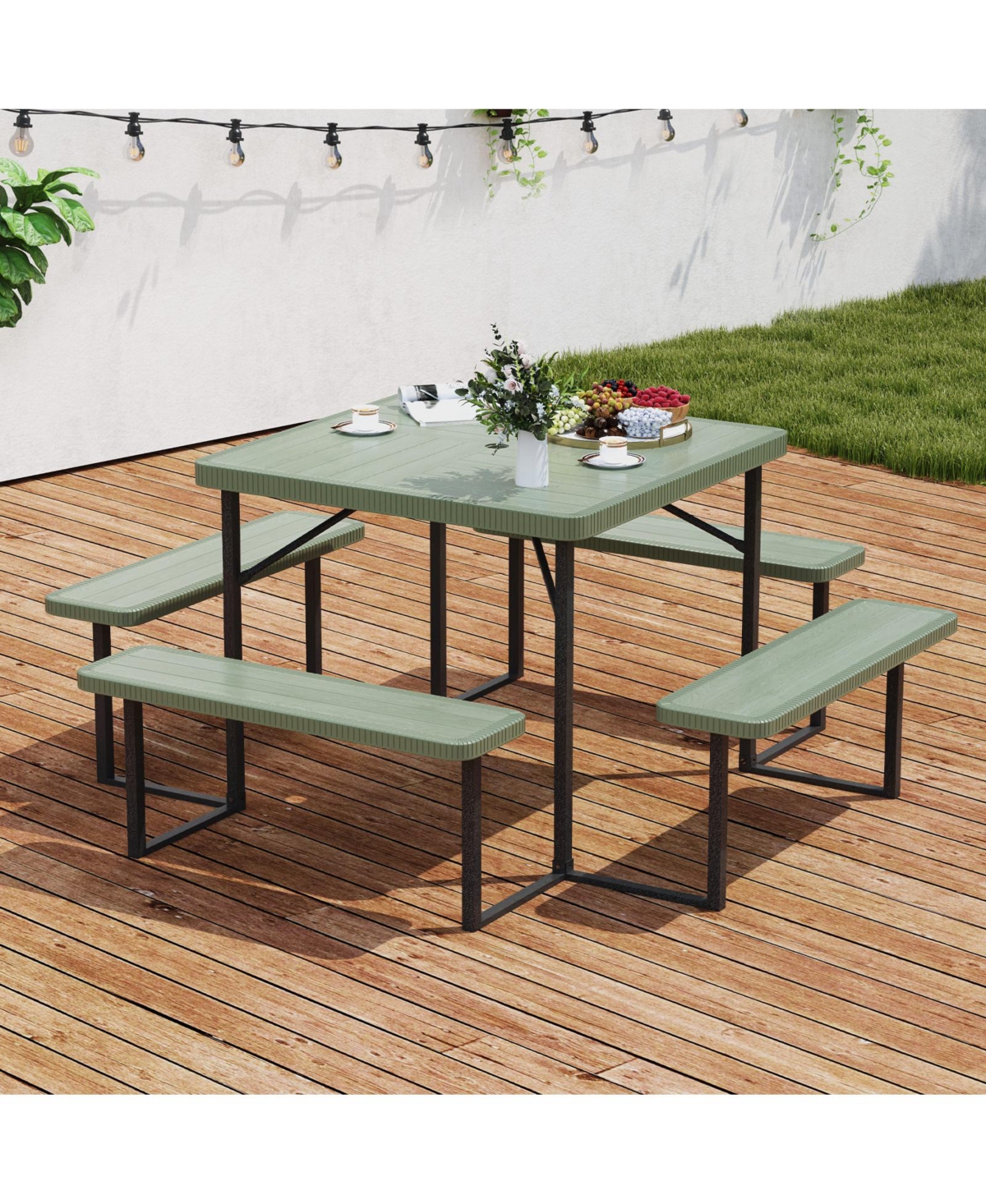 Outdoor Square Picnic Table Bench Set for 4-8 People with Umbrella Hole