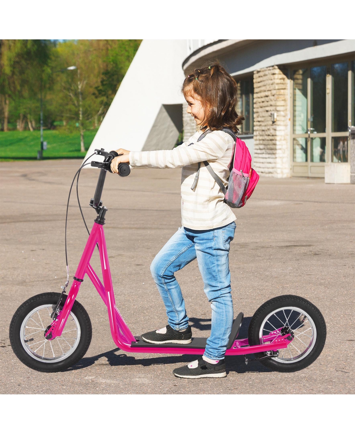 Sugift Height Adjustable Kid Kick Scooter with 12 Inch Air Filled Wheel-Pink