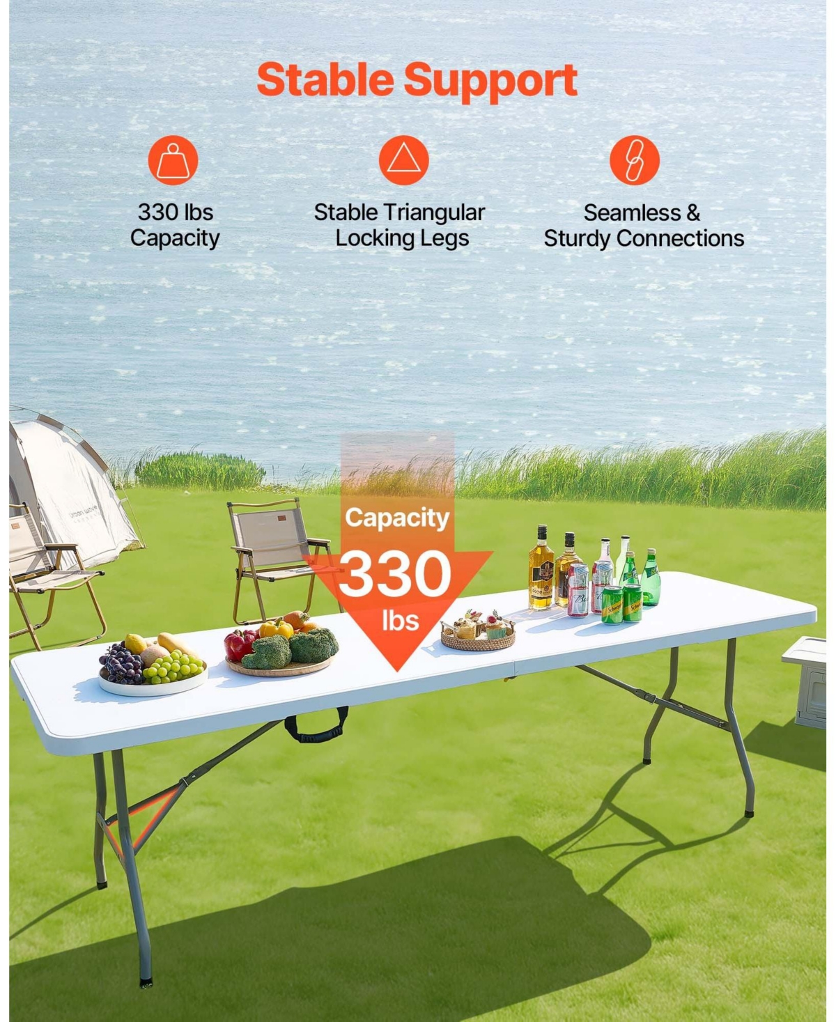 Slickblue Lightweight 8 Ft Portable Folding Table with Handle for Easy Transport