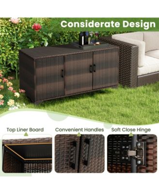 Sugfit 84 Gallon Patio Wicker Deck Box 3-Door PE Rattan Storage Container with Removable Shelves-Brown
