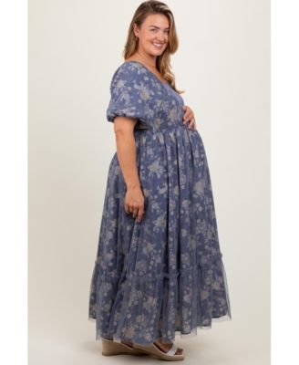 Plus Size Floral Mesh Square Neck Short Puff Sleeve Midi Dress