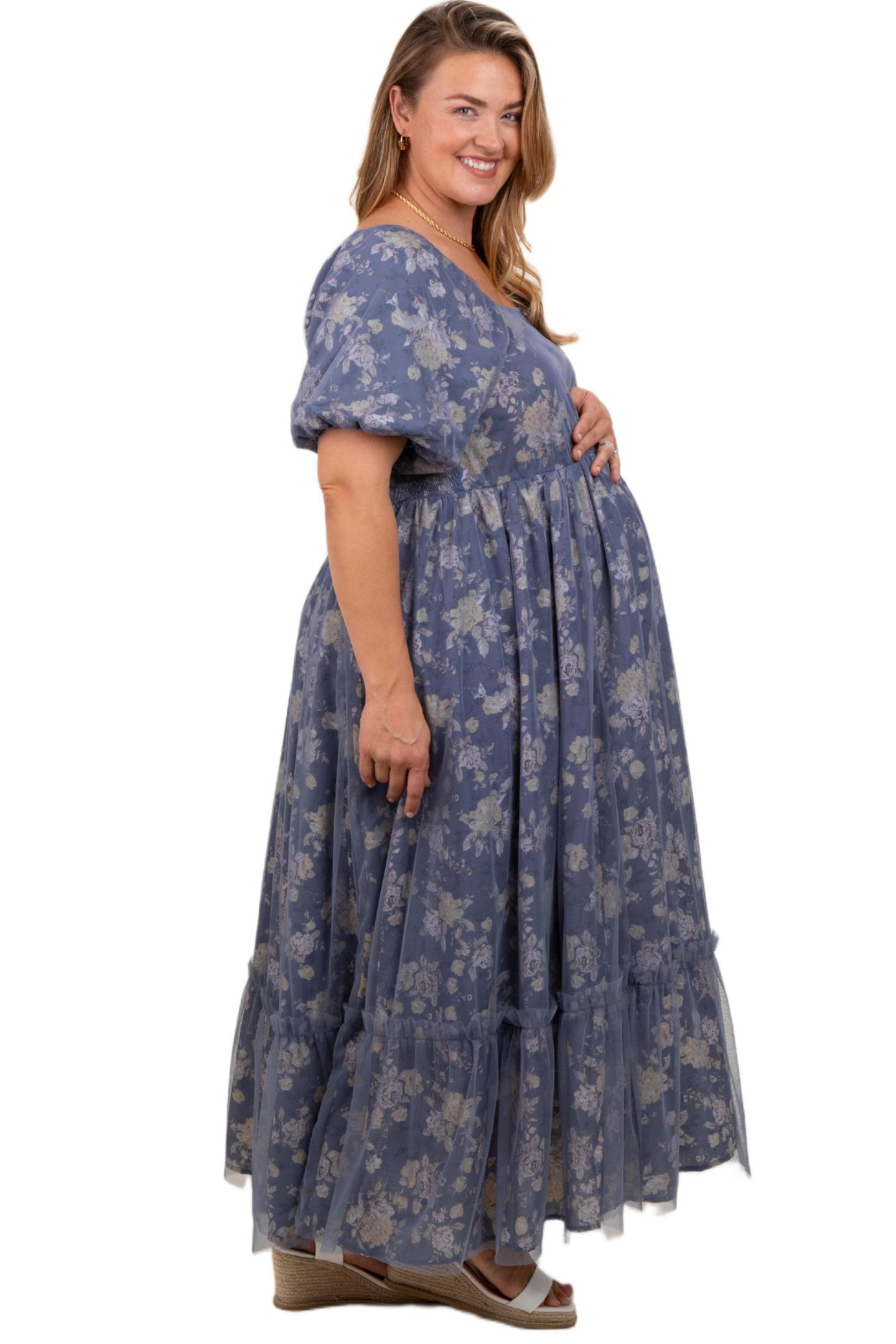 Женское платье Pinkblush Maternity Floral Mesh Square Neck Short Puff Sleeve Midi, цвет: Тёмно-синий — фото 3
