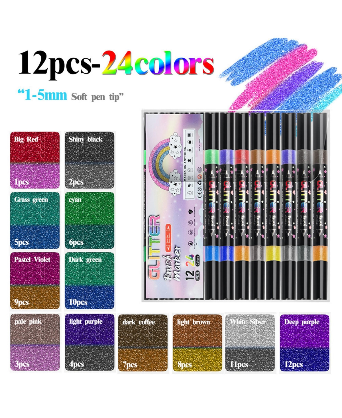 Htutwoo 24 Colors Glitter Markers, Dual-Tip Sparkle Pens, Perfect for Crafts, Scrapbooking and Gift Decoration