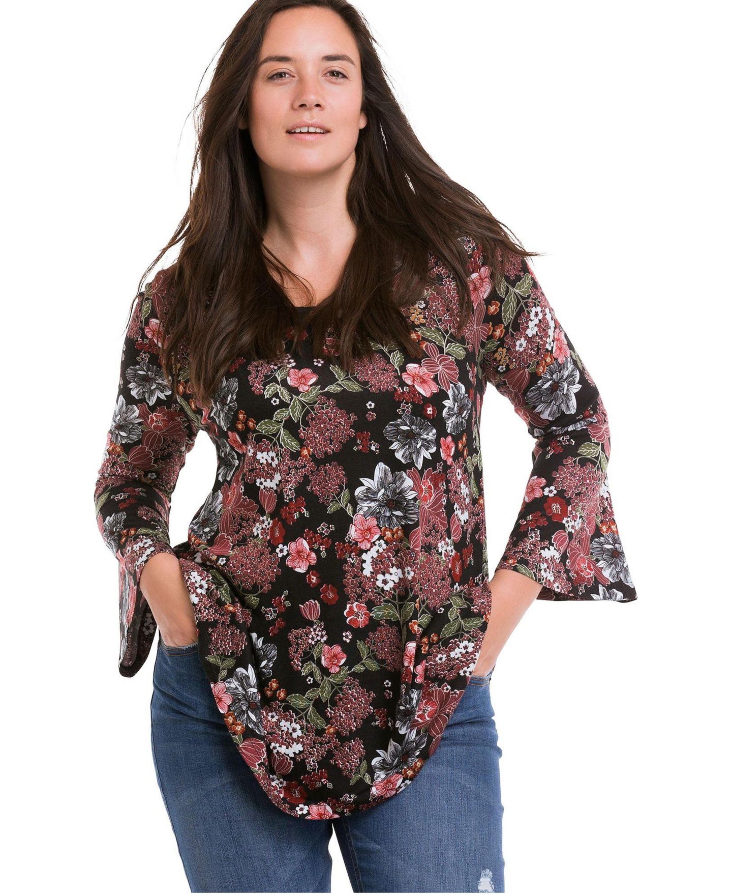 Женский топ ellos Plus Size Bell Sleeve A-Line Knit Tunic, цвет: Чёрный с принтом — фото 1