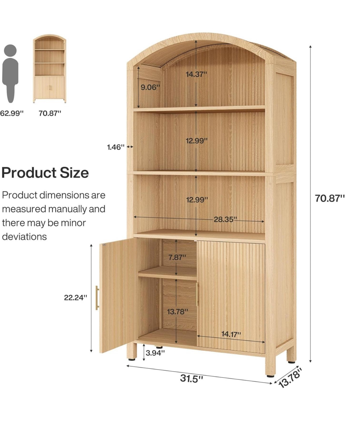 Tribesigns 71" Tall Arched Kitchen Pantry Cabinet with Doors, Fluted Modern 5-Tier Storage Cabinet with Open Shelves