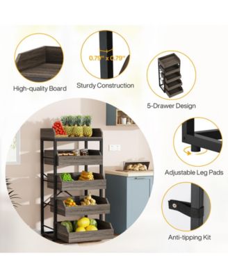 Wood Fruit and Vegetable Storage Rack, 5-Tier Pull-Out Snack Stand Fruit Basket Stand