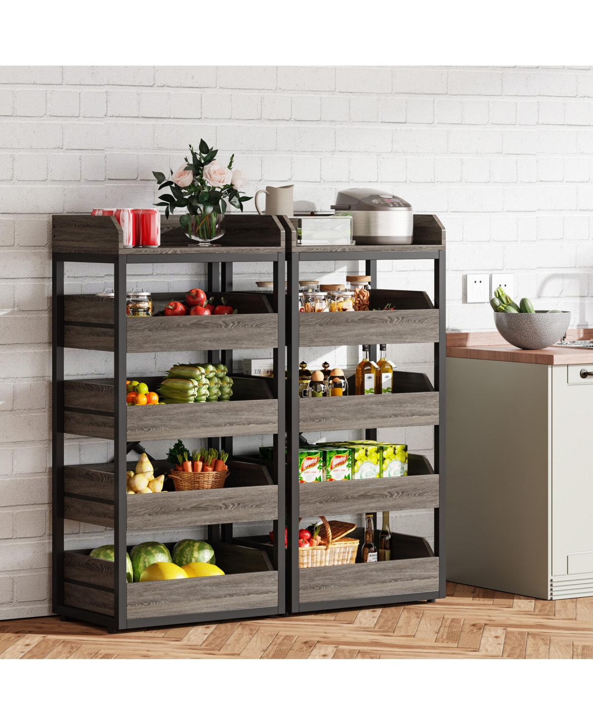 Tribesigns Wood Fruit and Vegetable Storage Rack Set of 2, 5-Tier Pull-Out Snack Stand Fruit Basket Stand