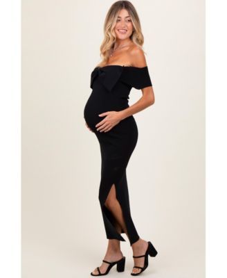 Maternity Black Bow Detail Off Shoulder Side Slit Midi Dress