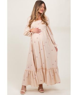 Maternity Cream Long Sleeve Floral Accent Dress