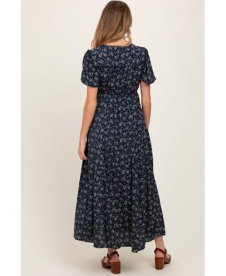Maternity Navy Floral Button Down Dress