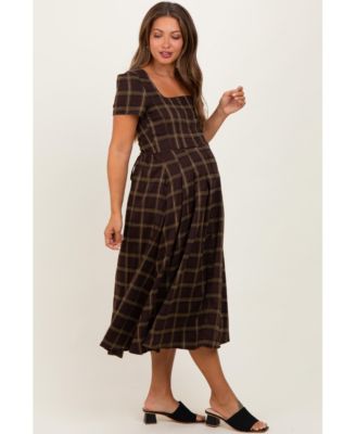 Maternity Brown Plaid Button Down Midi Dress