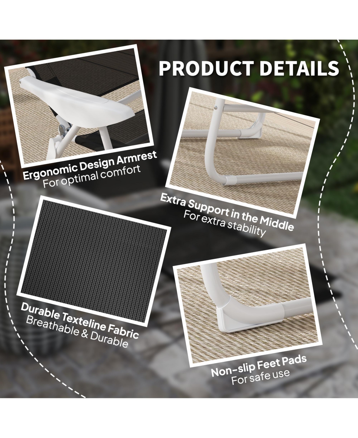 Outsunny Folding Chaise Lounge, Outdoor Sun Tanning Chair, Four-Position Reclining Back, Armrests, Iron Frame & Mesh Fabric for Beach, Yard, Patio, Bl