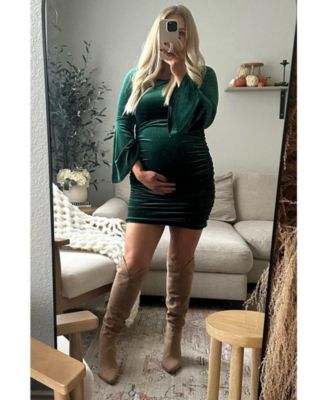 Maternity Forest Green Velvet Ruched Bell Sleeve Dress