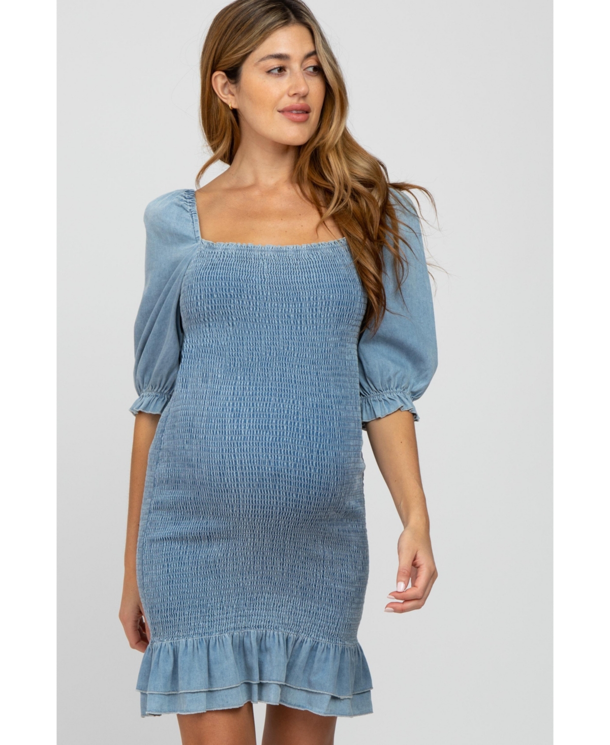 Pinkblush Maternity Light Blue Square Neck Smocked Denim Dress