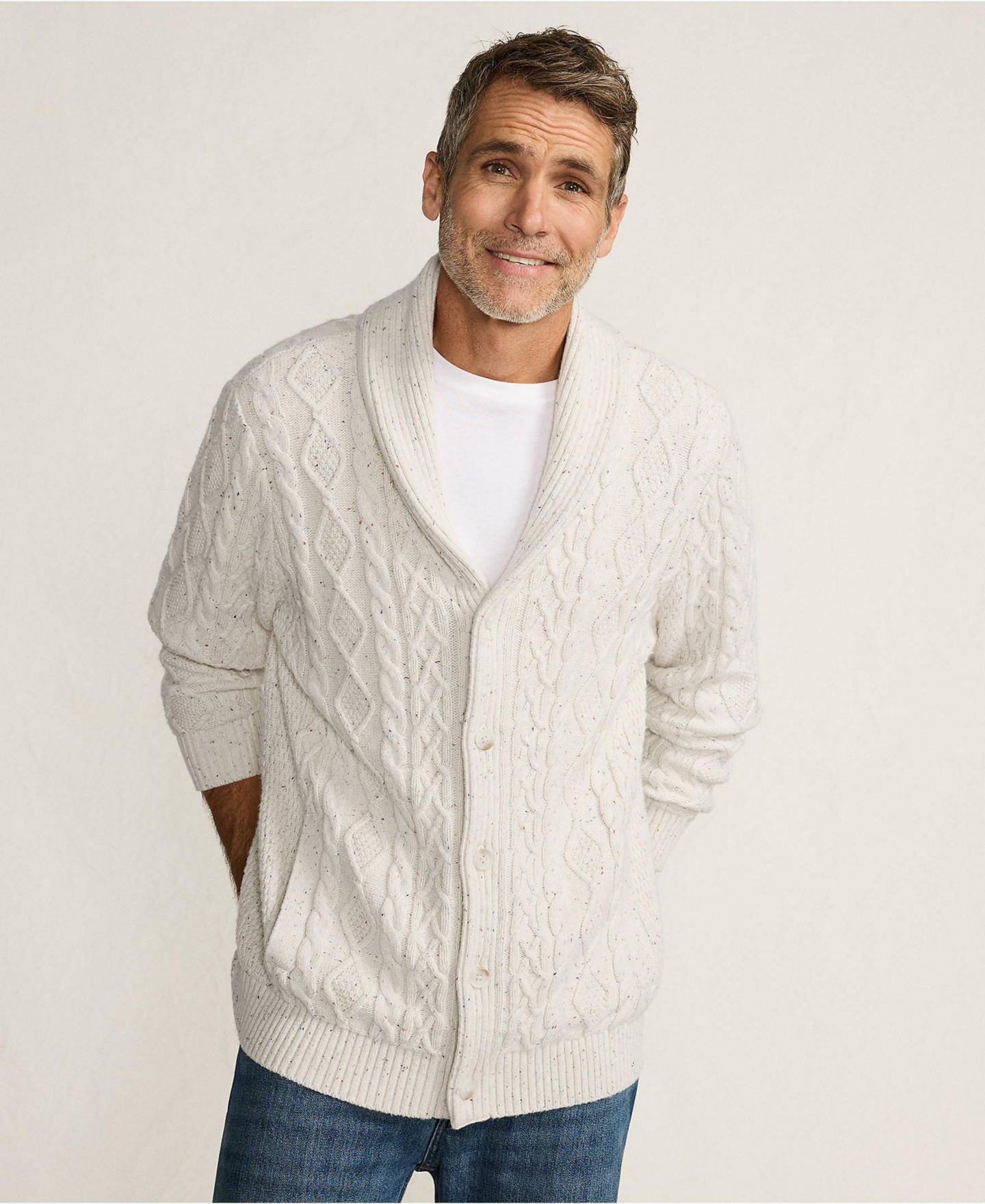 Мужской кардиган Lands' End Long Sleeve Cotton Blend Cable Shawl, цвет: Алебастровый — фото 4