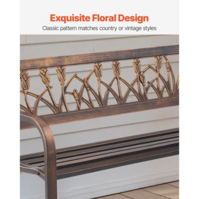 Sturdy Metal Patio Bench with Decorative Floral Backrest