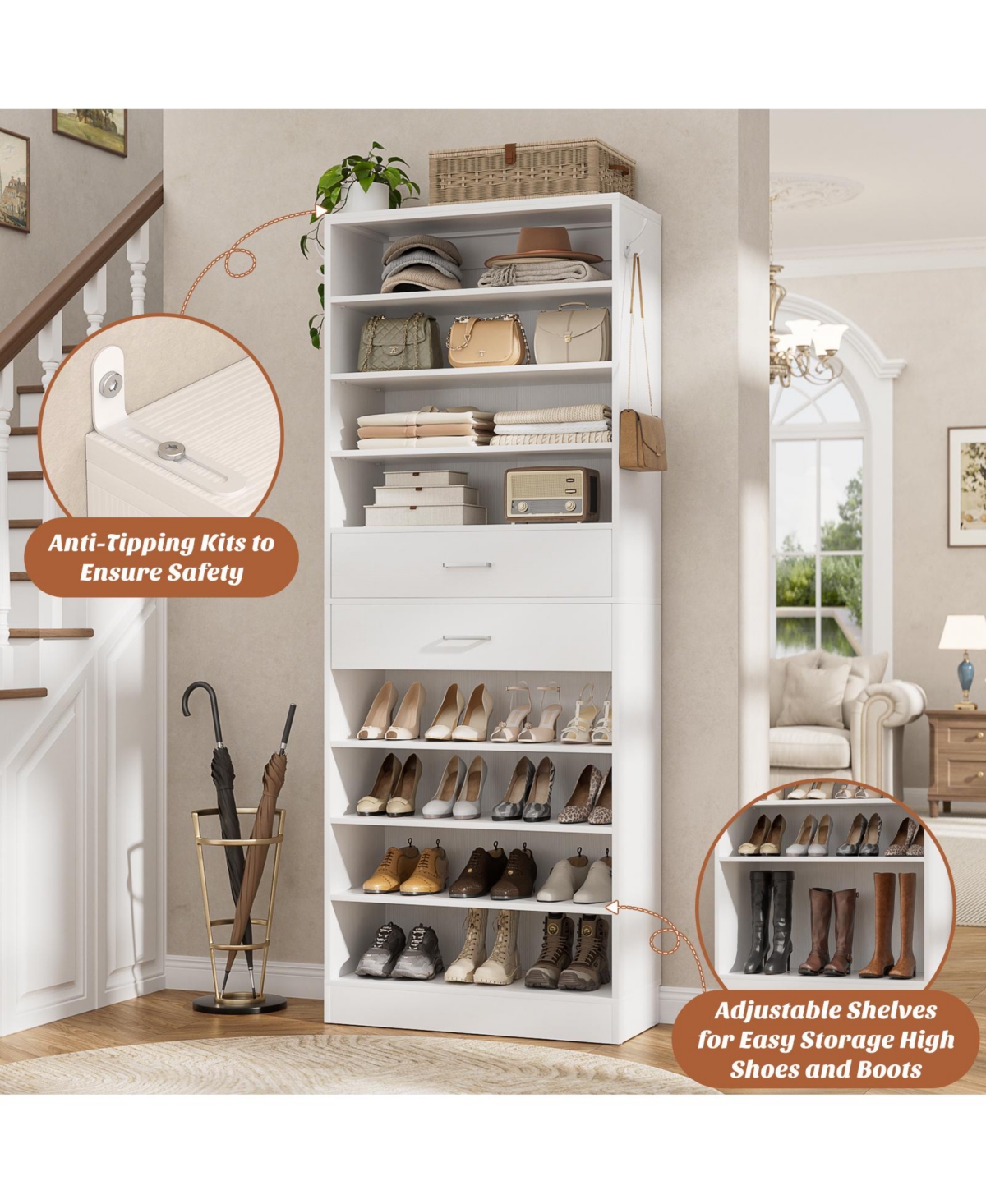 8-Tier Shoe Rack with 2 Drawers, 80'' High Wooden Shoe Cabinet with Adjustable Shelves