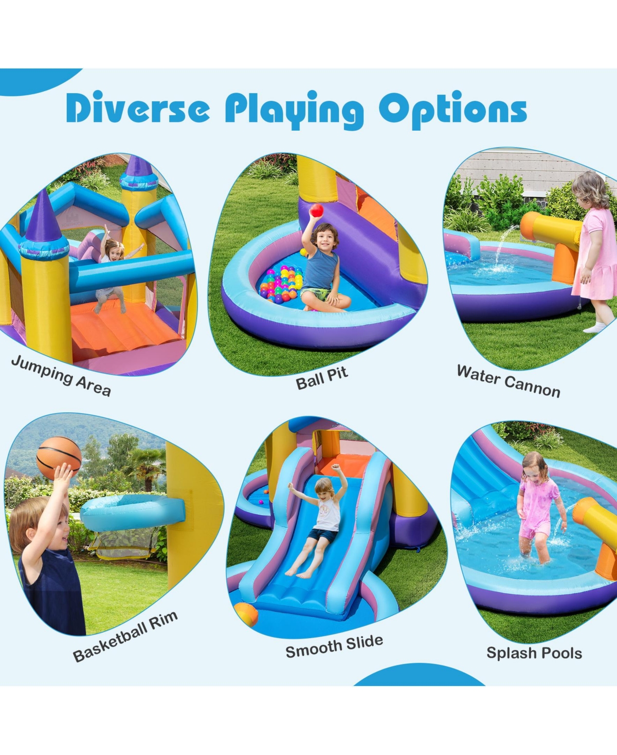 6-in-1 Inflatable Kids Water Park with 735W Blower
