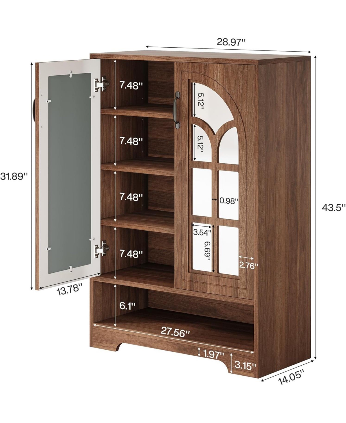 Tribesigns Brown Shoe Cabinet with Mirrored Doors, Adjustable Shelves