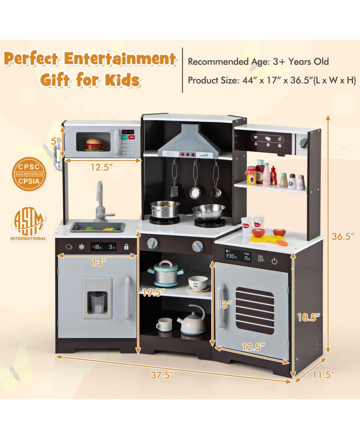 Детская игрушка SKONYON Wooden Play Kitchen with Working Range Hood, Sound Effects & Lights, Ages 3+, цвет: Серый — фото 2