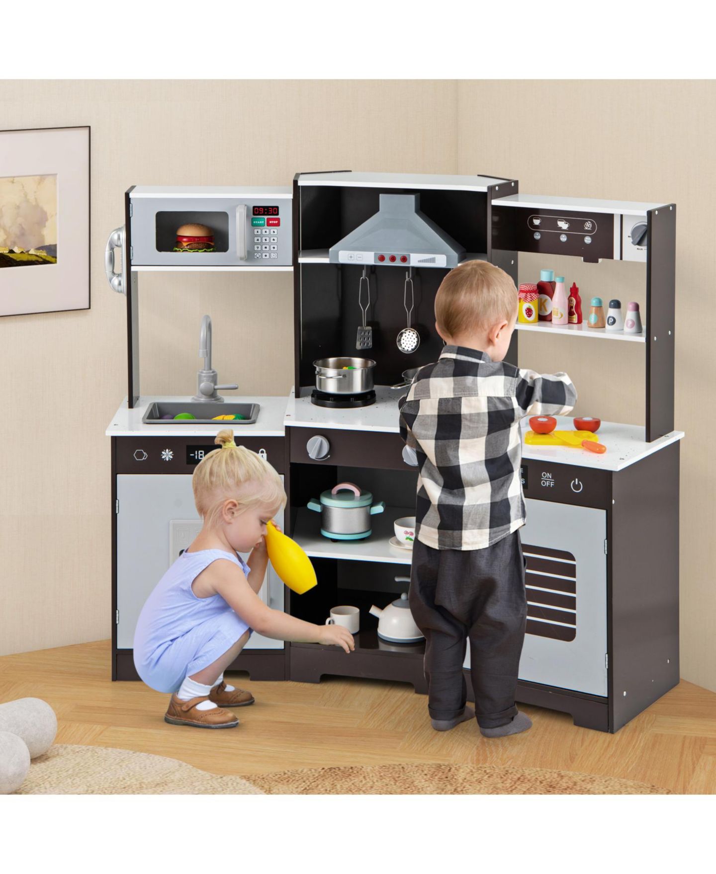 Детская игрушка SKONYON Wooden Play Kitchen with Working Range Hood, Sound Effects & Lights, Ages 3+, цвет: Серый — фото 10