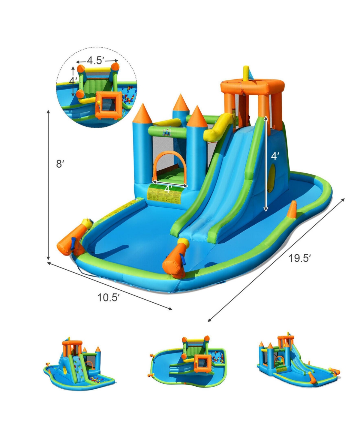 Inflatable Water Slide Kids Bounce House Splash Water Pool with 735W Blower