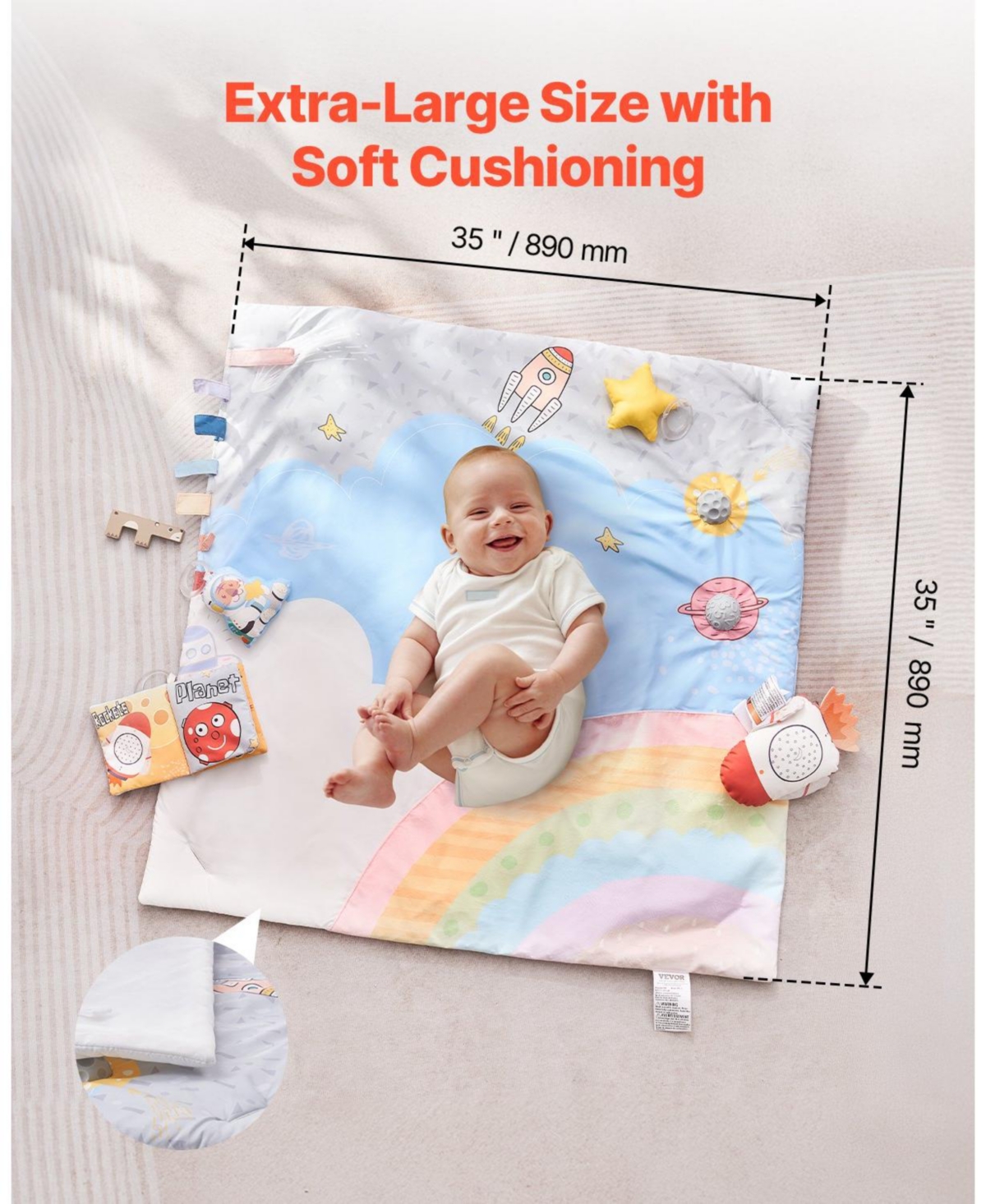 Slickblue Baby Play Gym Mat with 6 Sensory Toys, Tummy Time Activity Mat 35" x 35