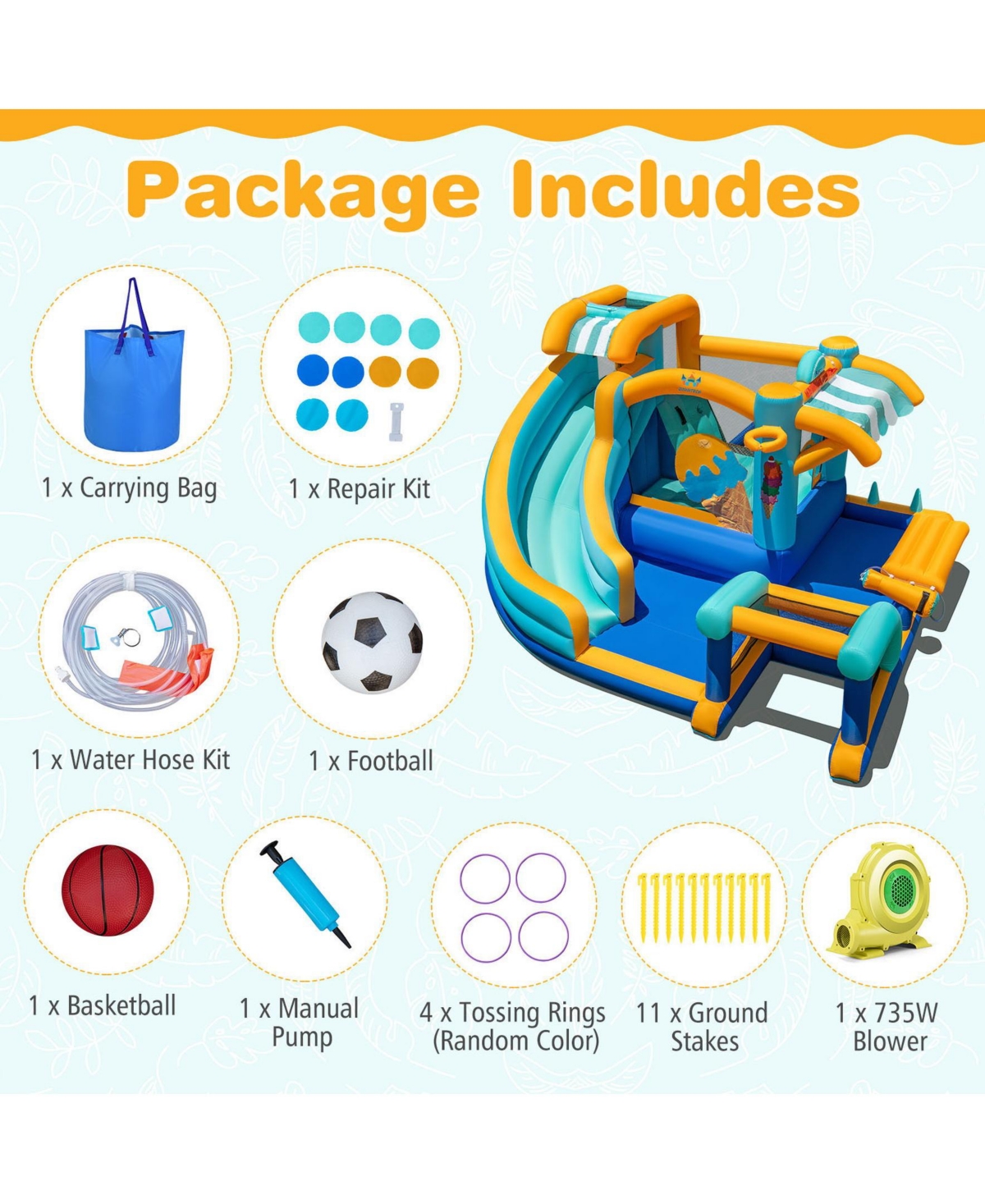 Inflatable Water Slide Bounce House Kids Jump Castle with 735W Blower