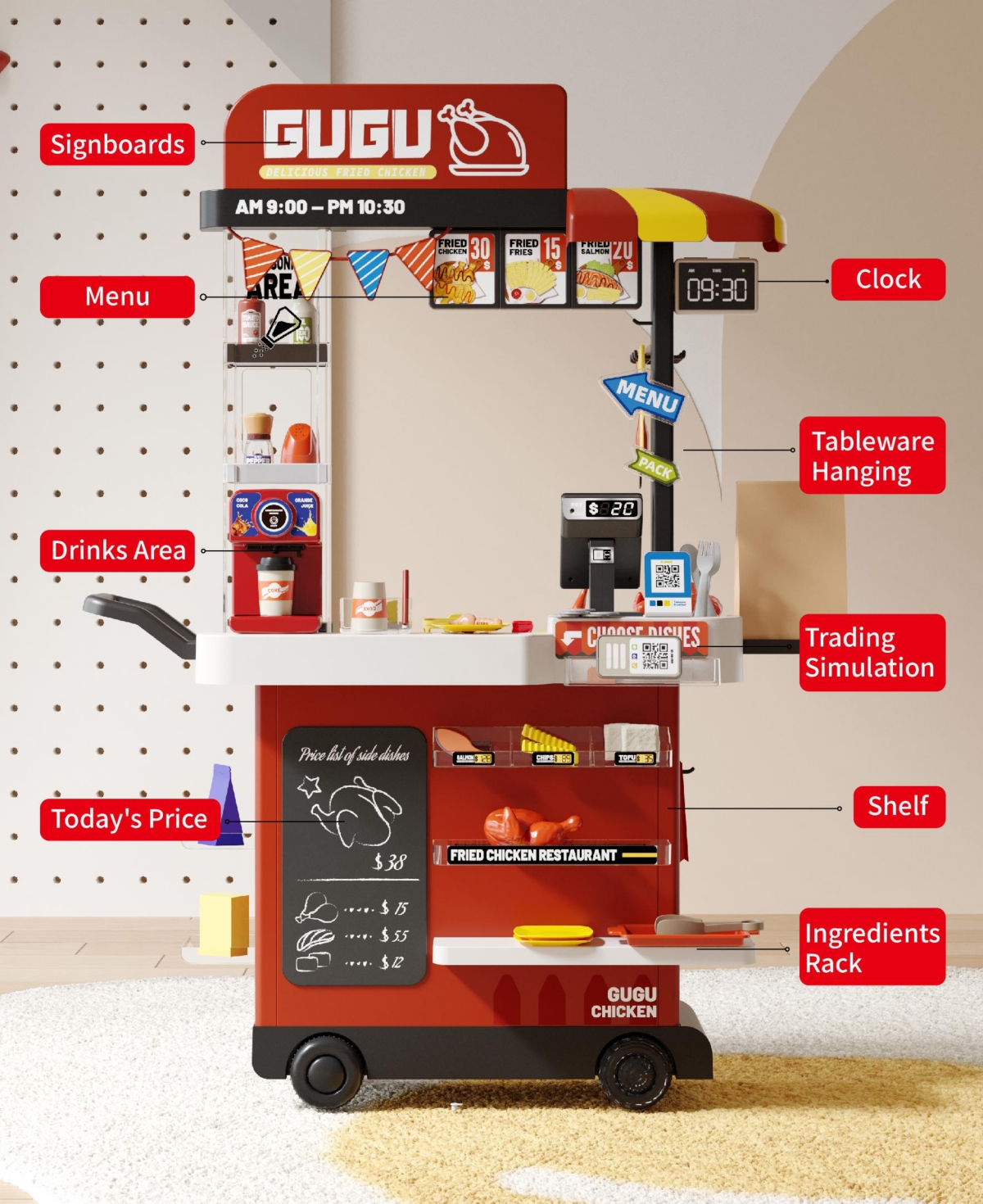 82-Piece Kids Play Kitchen Set Fried Chicken Shop with Steam, Water Circulation Sink