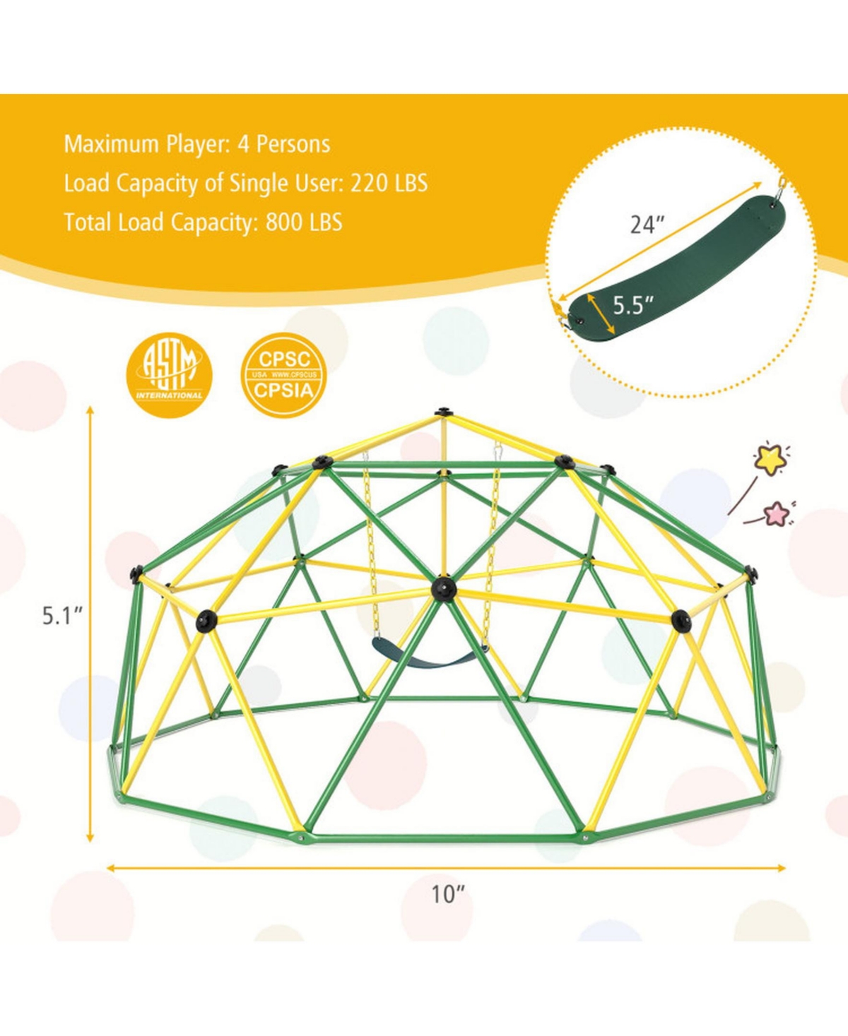 10 Feet Dome Climber with Swing and 800 Lbs Load Capacity-Green
