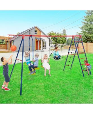 550 LBS 6-in-1 Patio Kids Swing Set with Climbing Net and Ladder-Red