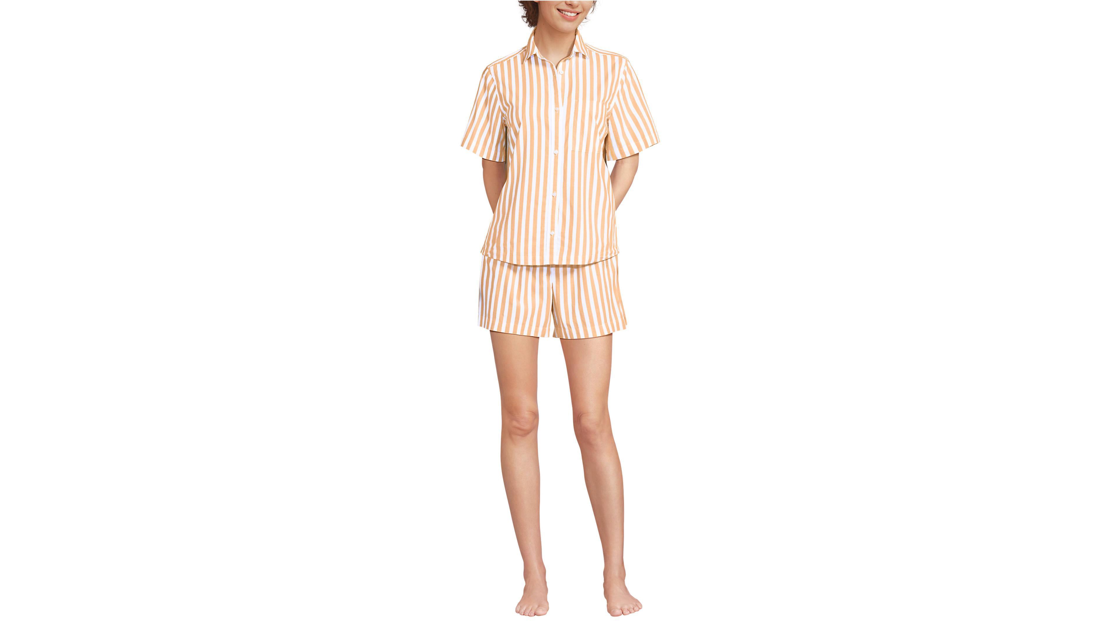 Lands' End Women's Poplin 2 Piece Pajama Set - Short Sleeve Shirt and Shorts