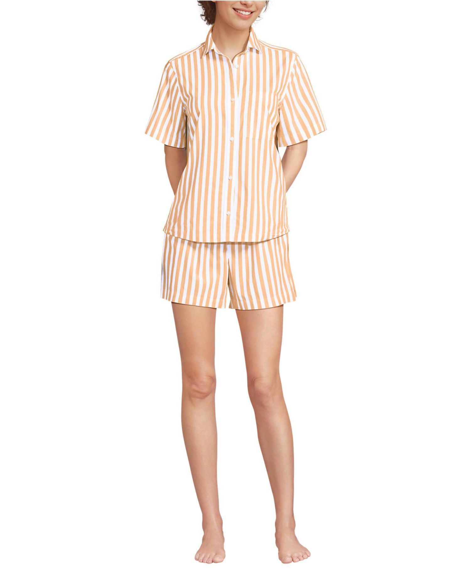 Women's Poplin 2 Piece Pajama Set - Short Sleeve Shirt and Shorts