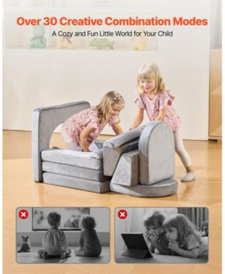 Modular Kids Play Couch 10-Piece Sectional Toddler Sofa with Armrests, Gray