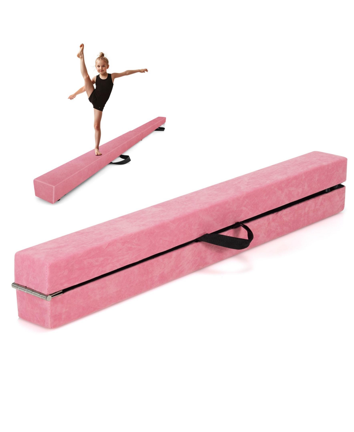 Sugift Folding Balance Beam with Solid Wood Base and Anti-slip Bottom-Light Pink