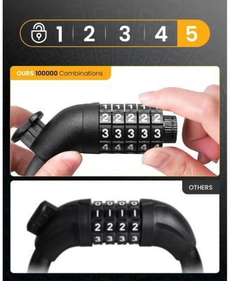 Combination Bike Lock Cable, 5-Digit Resettable High Security Anti-Theft Lock with Mounting Bracket for Bikes and Scooters -12mm Shackle