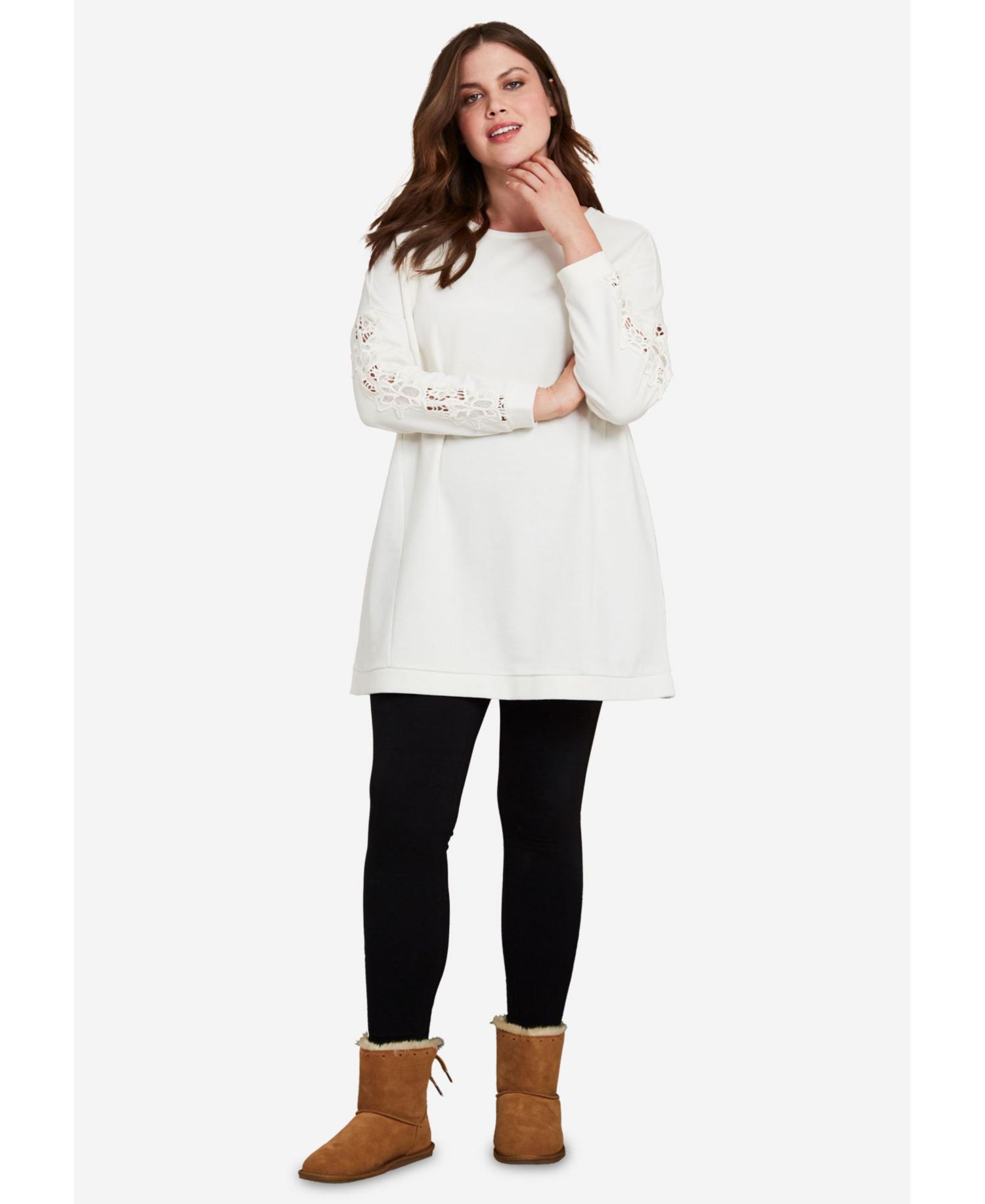 Women's Plus Size French Terry Lace Trim Sweatshirt Tunic