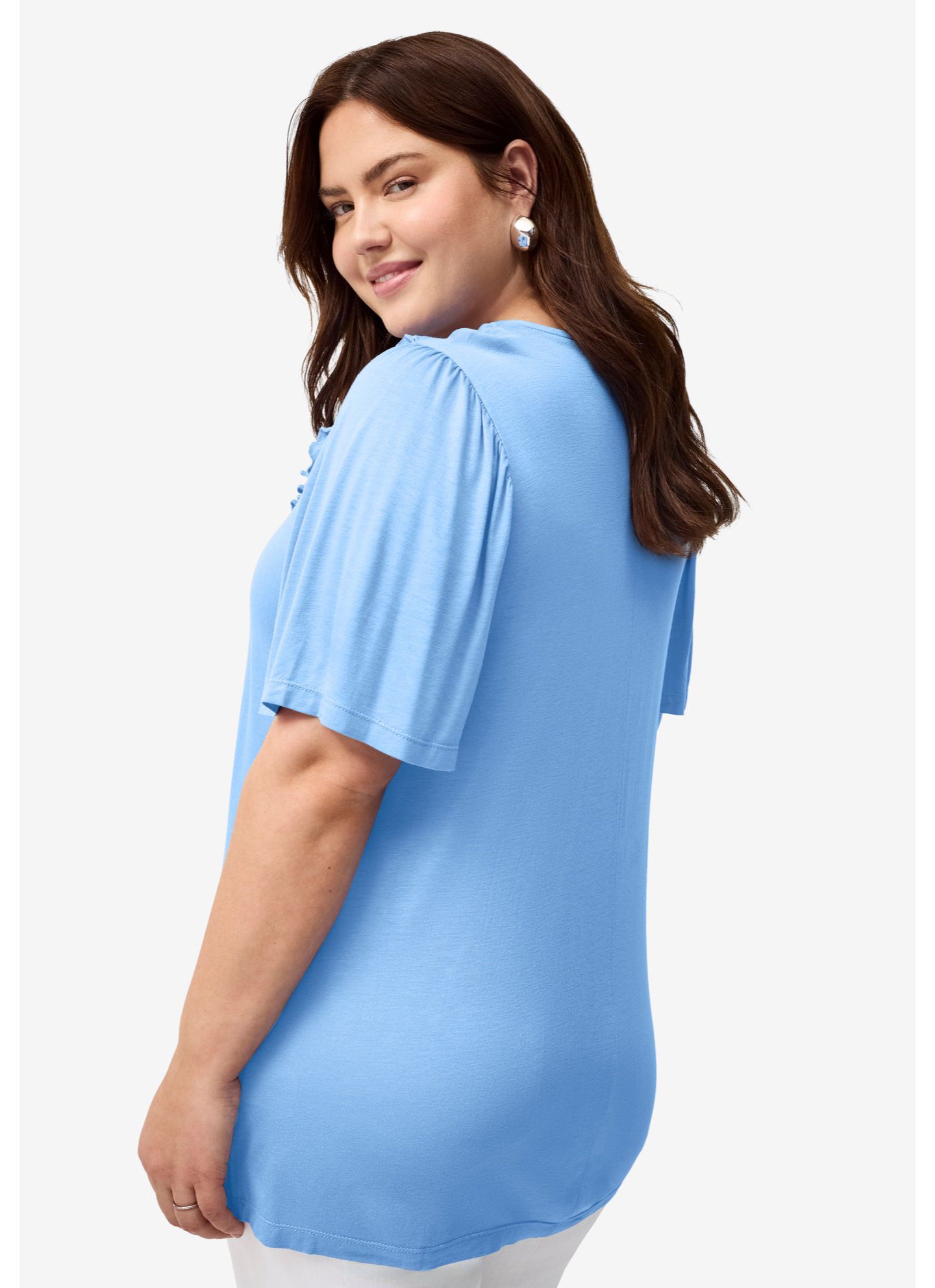 Женский топ ellos Ruffle Neckline Flutter Sleeve Tunic, цвет: Синий — фото 3