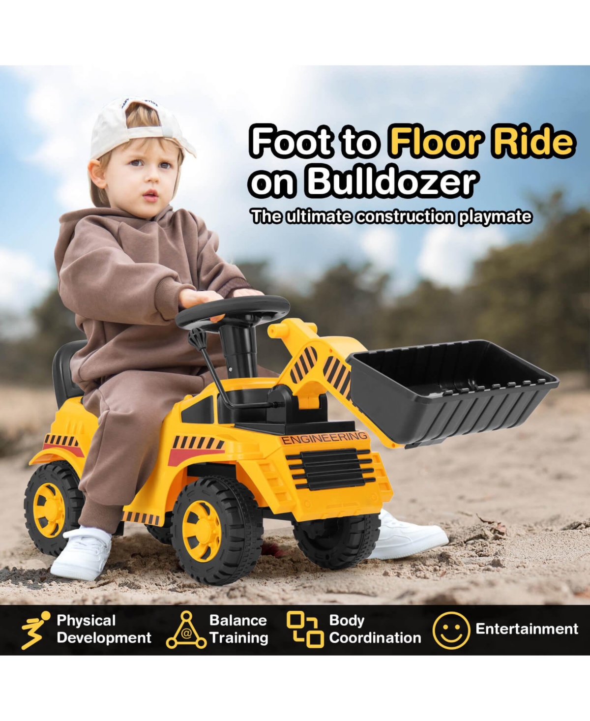 Kids Ride on Bulldozer with Adjustable Bucket Engine Sound Excavator Digger Toy