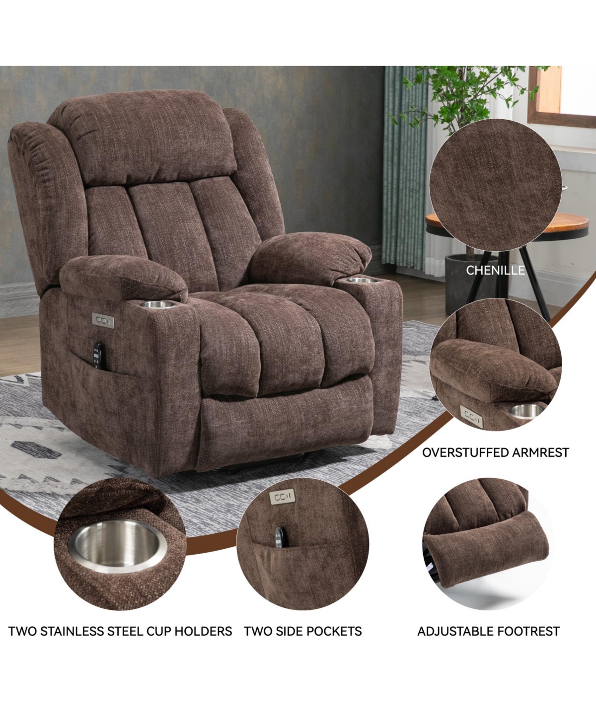 Clihome Up to 350 Lbs Chenille Power Lift Recliner Chair Heavy Duty Motion Mechanism with 8 Point Vibration Massage and Lumbar Heating Usb Type C