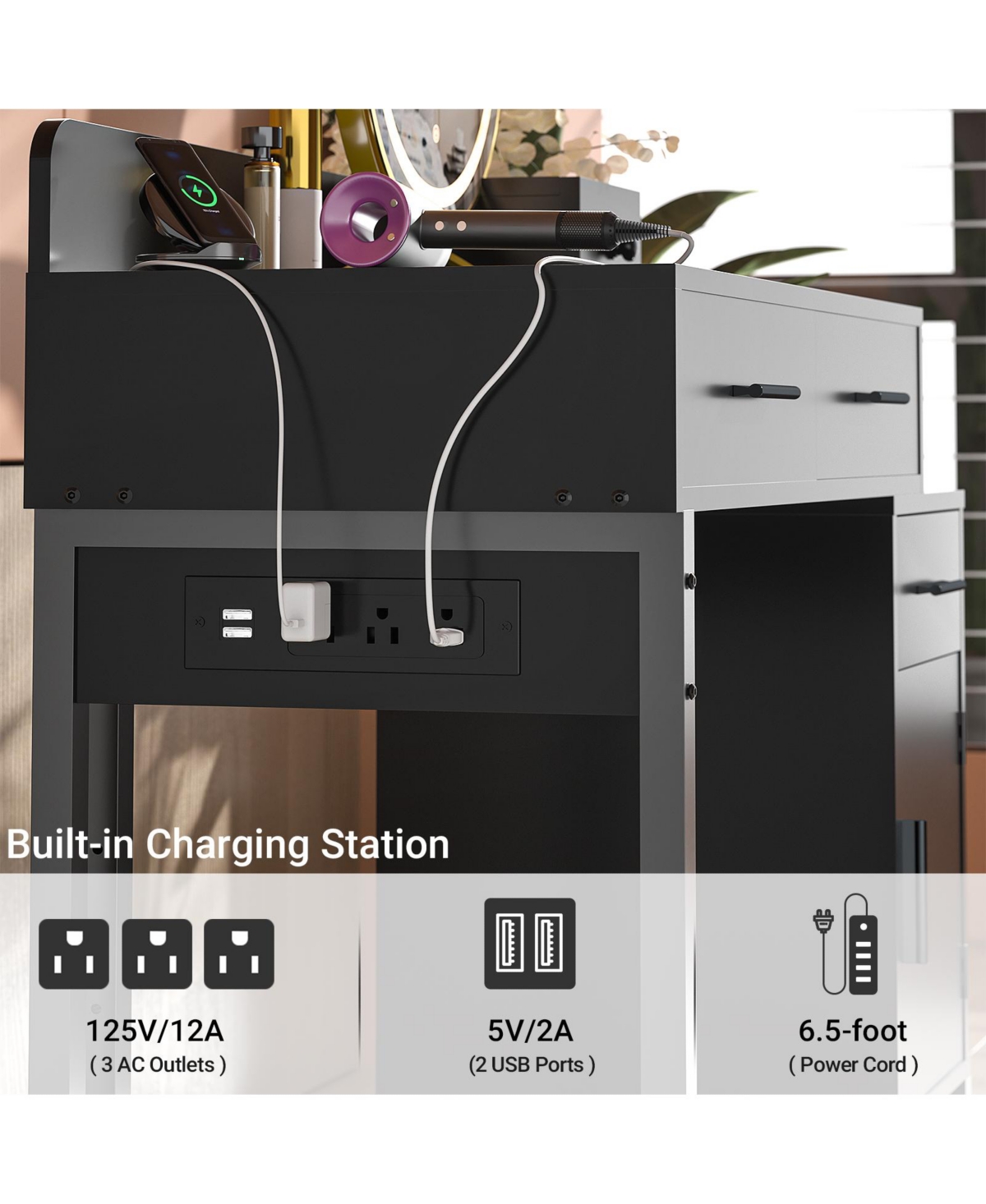Makeup Vanity Desk with 4 Drawers and Cabinet, Dressing Table Outlets for Small Space