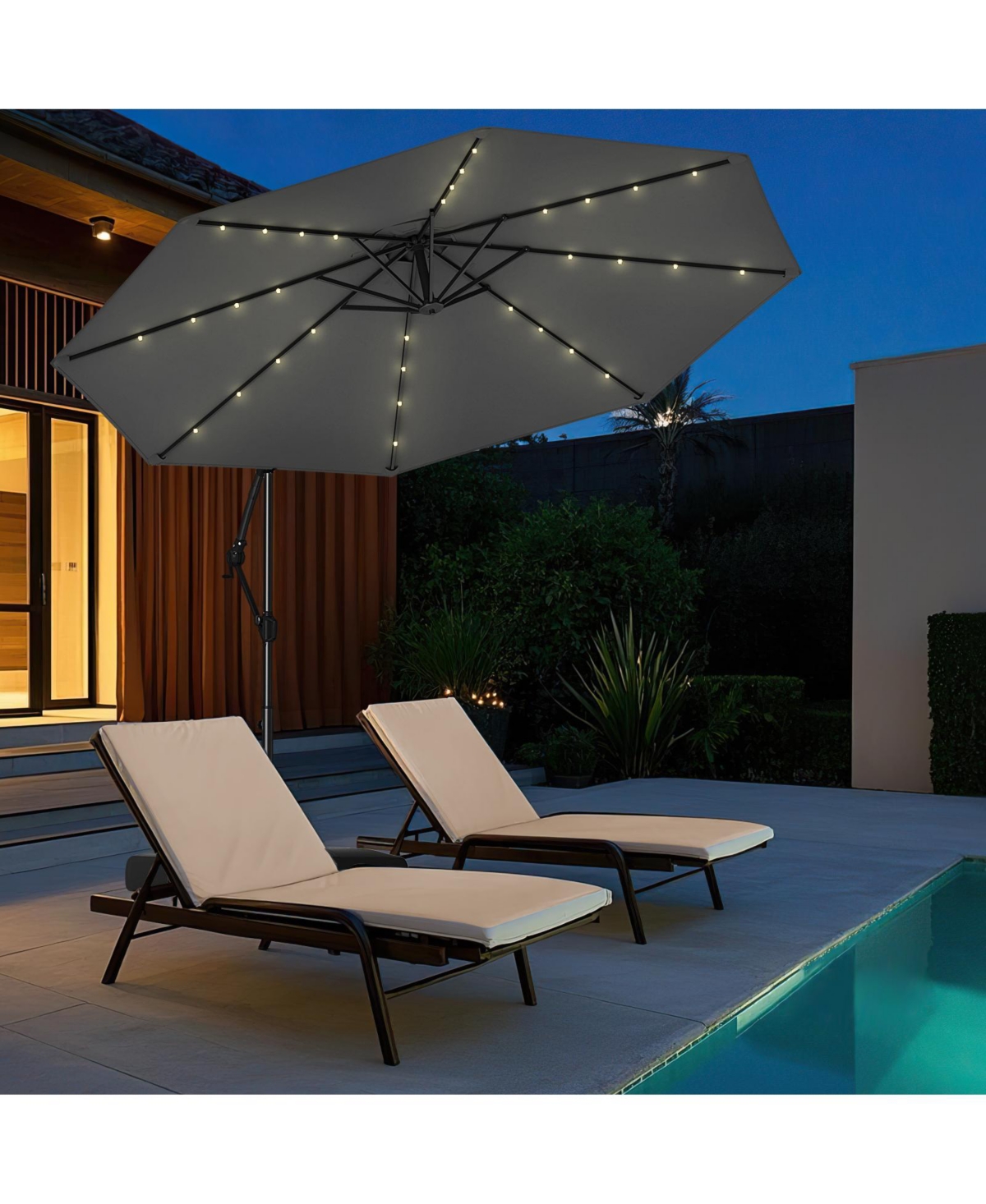 10 Feet Solar Offset Hanging Umbrella with Base and 32 Led Lights For Patio