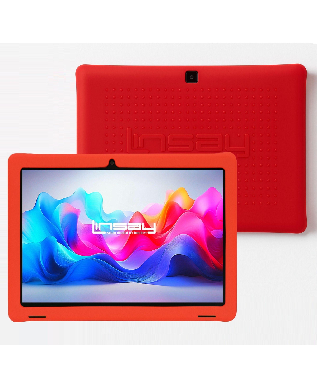 New Linsay 10.1" Kids Funny Tablet Octa Core 128GB Bundle with Red Kids Back Pack New Android 14 Dual Camera