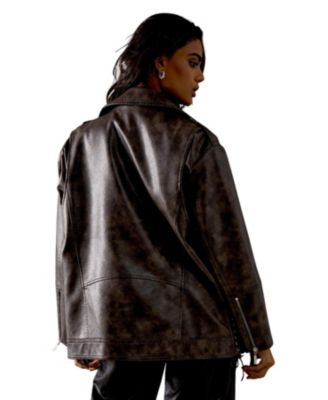 Women's Oversized Whipstitch Leather Look Jacket