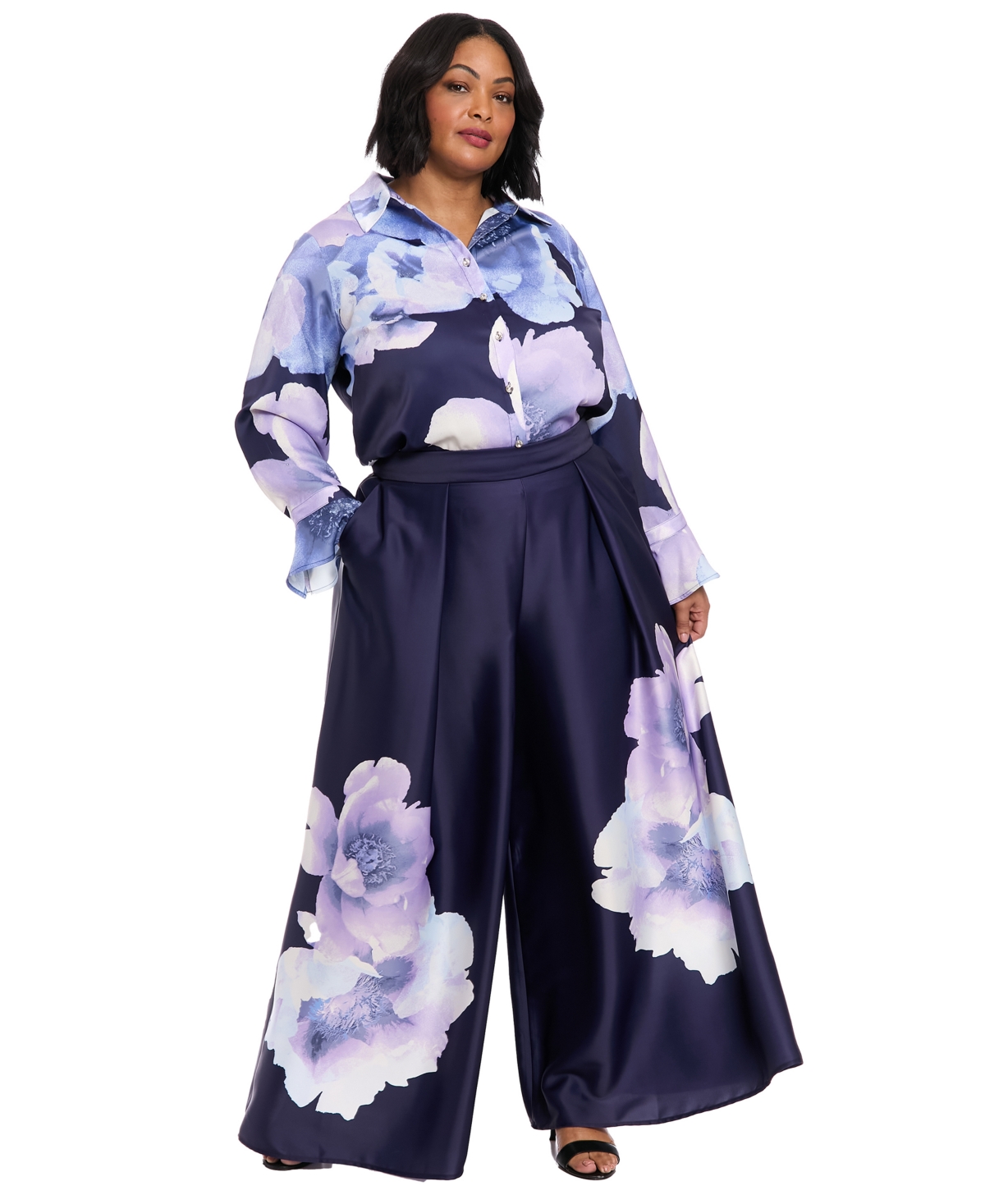 Muse Plus Size Front Pleat Floral Placement Palazzo Pants In Multi