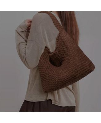Brown and Espresso Suede Woven Hobo Bag Large Slouchy Shoulder Tote Handbag for Women Soft Braided Texture Work Purse
