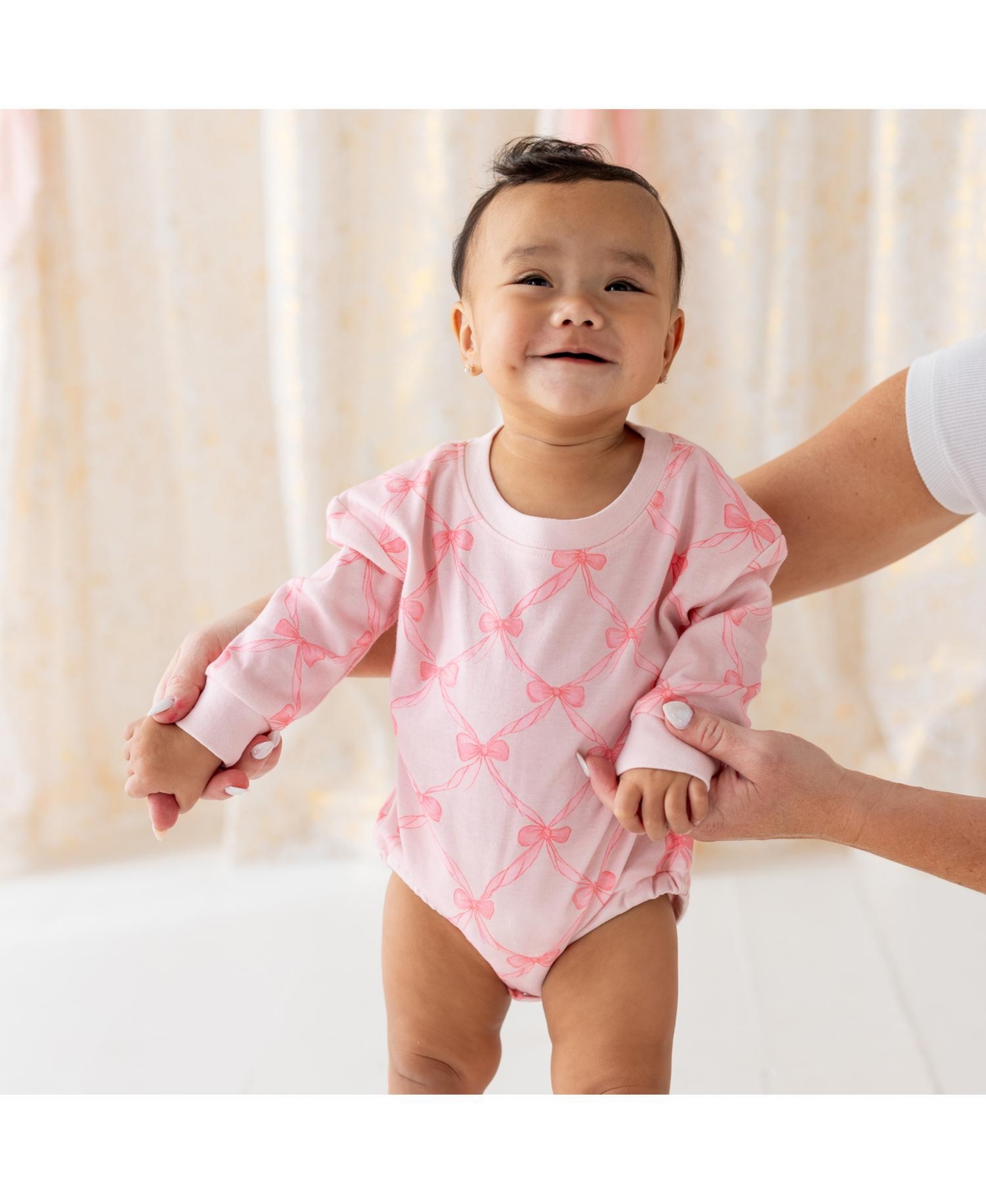 Sweet Wink Baby Girls Bow Trellis Long Sleeve Romper