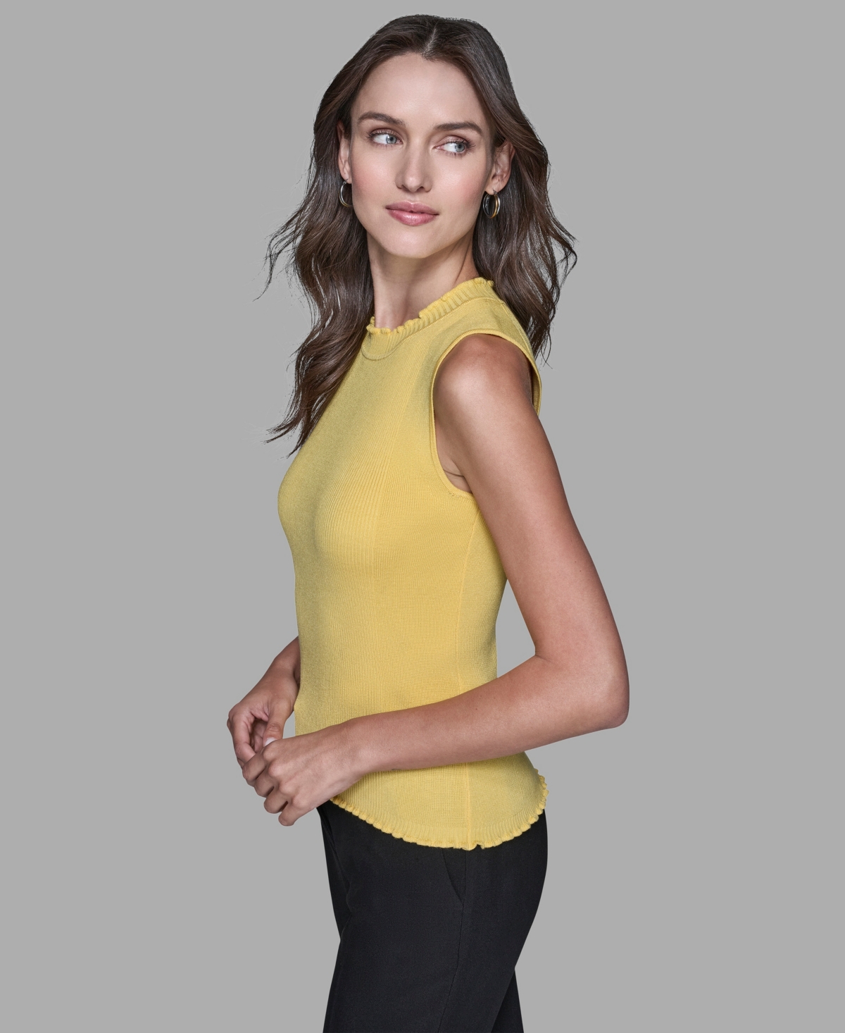 Karl Lagerfeld Women's Ruffled Rib-knit Sleeveless Top In Yellow